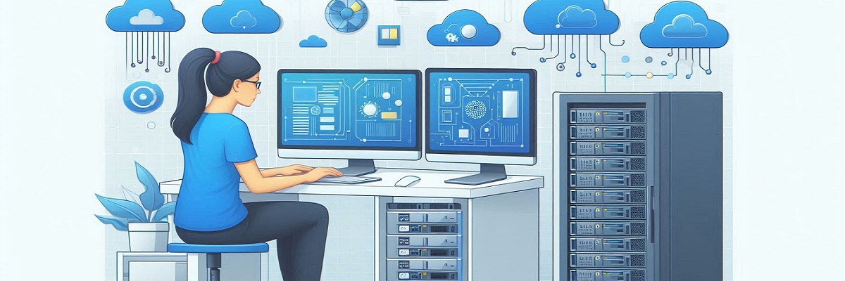 a girl using computer on the web server room